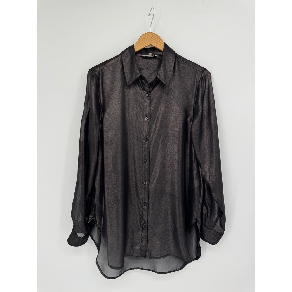 Calvin Klein Sheer Metallic Blouse Women S Black Shimmer Roll Tab Party Evening